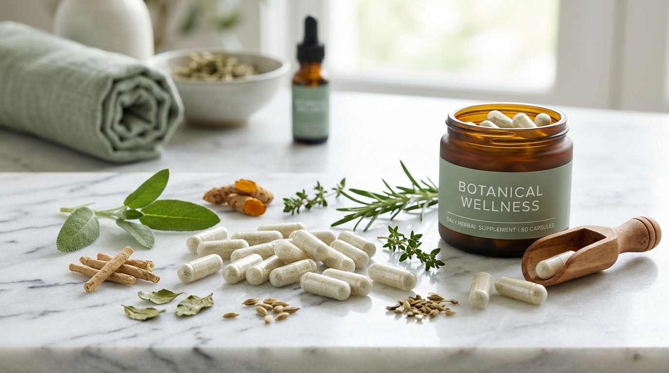Clear gelatin capsule supplements on a white marble surface with botanical ingredients