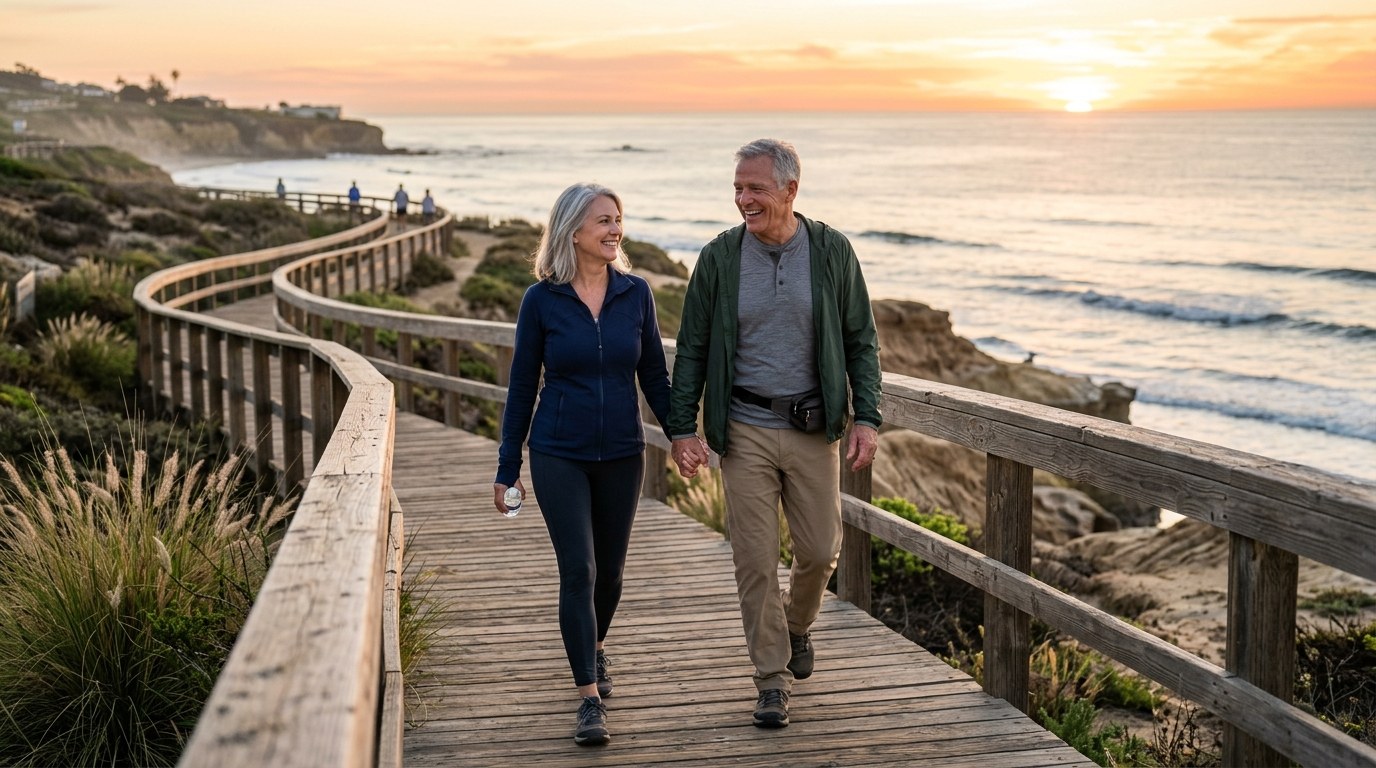 Mature couple walking comfortably on a coastal boardwalk