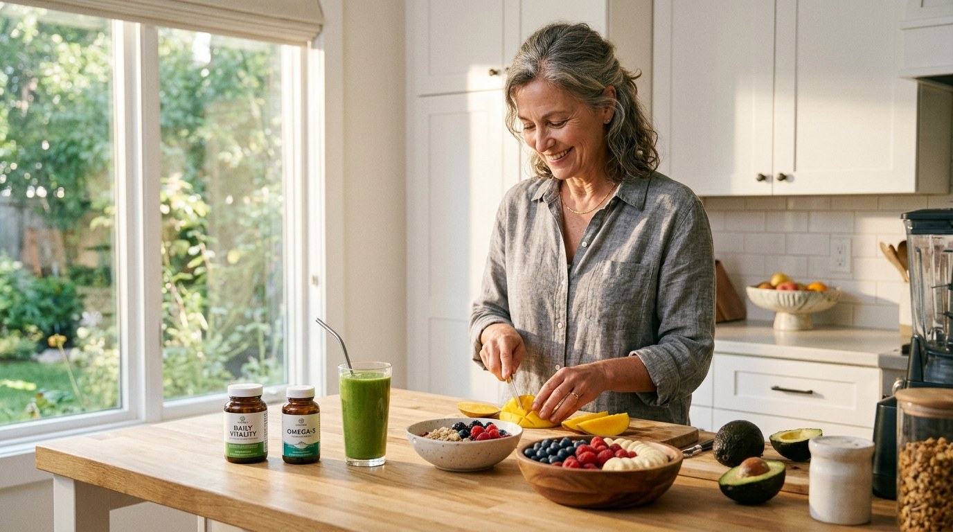 Person preparing a healthy breakfast in a sunny kitchen